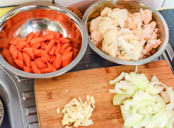 Sliced carrots, cauliflower, garlic and onion