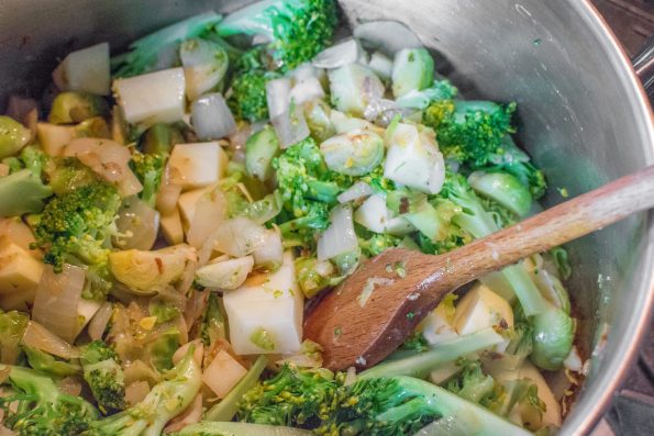 Brussels sprouts and broccoli in a pan