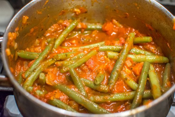 green beans in marinara close up