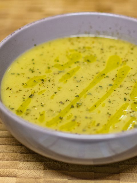 Brussels sprouts and broccoli soup in bowl