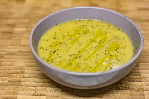 Brussels sprouts and broccoli soup in bowl